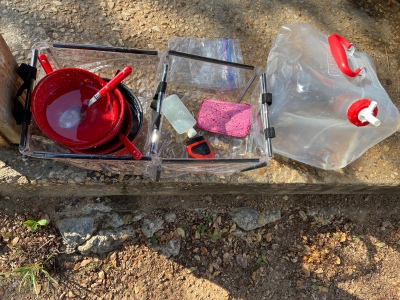 Camping double sink, mess kit, bio soap, scrubber, sponge, 5 gallon water jug
